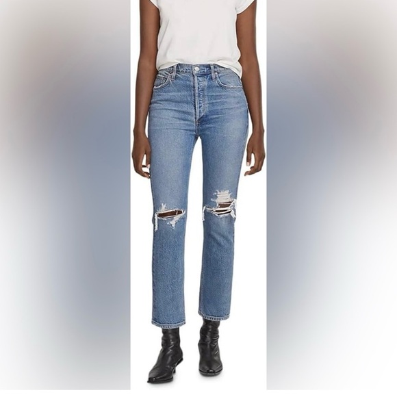 Agolde Riley High Rise Light Blue Ripped Jeans - Picture 5 of 6